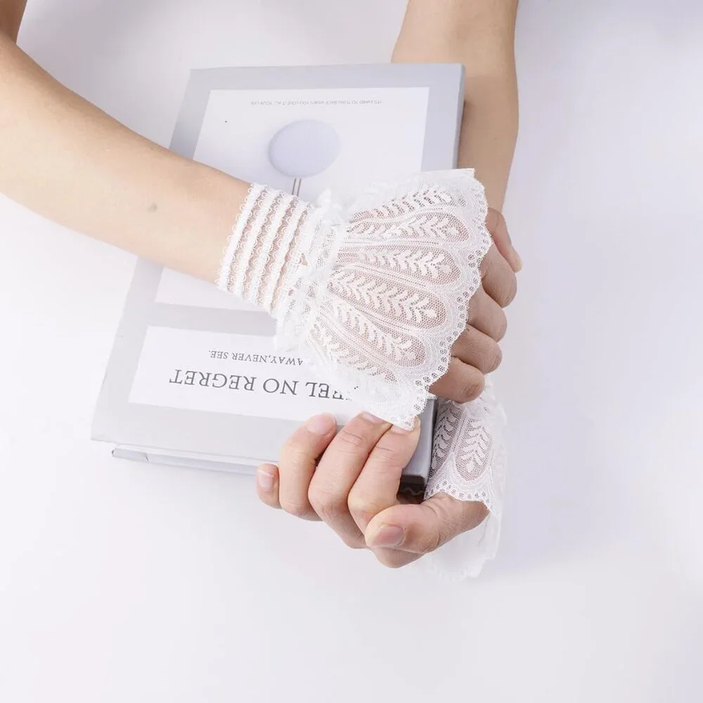 Women's Evening White Short Lace Wrist Cuffs Gloves Party Costume Accessory